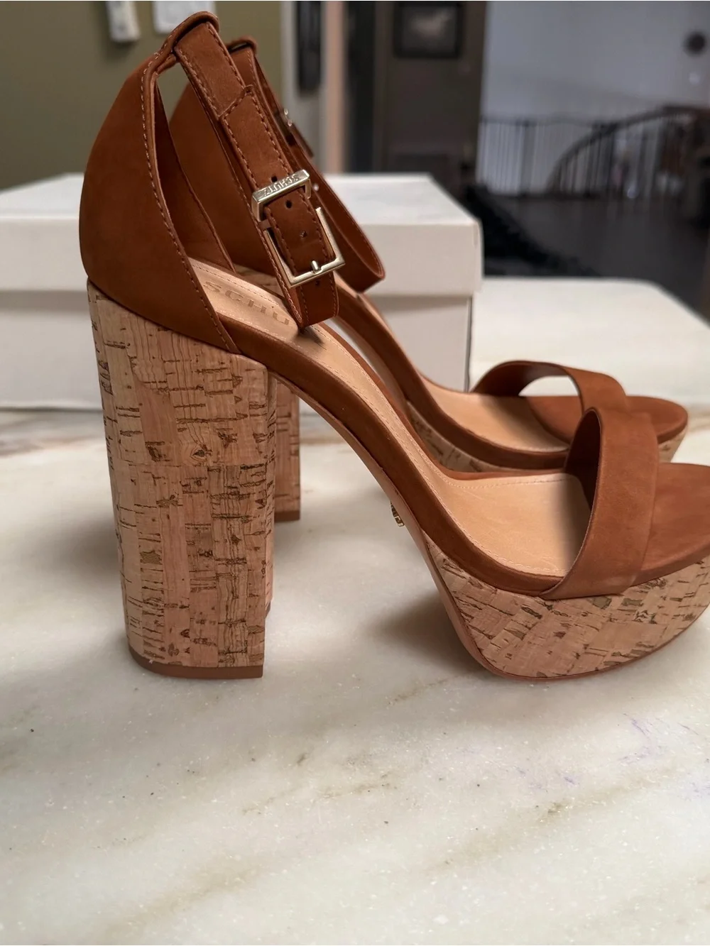 BNIB Schutz Brown Nubuck Cork Platform Ankle-Strap Sandals, size 8